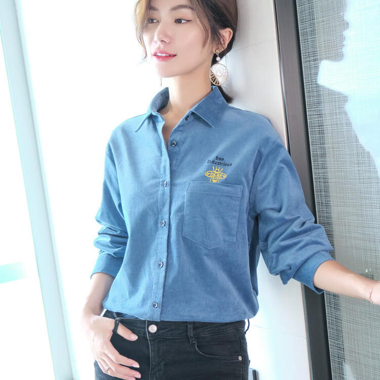 德玛纳 秋冬新品小蜜蜂灯芯绒女式衬衫百搭女式上衣通勤优雅女式衬衣