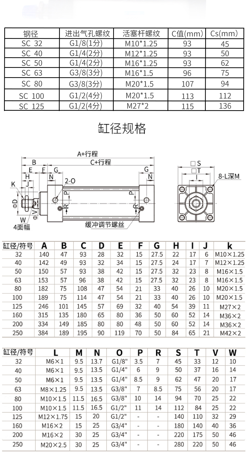 标准气缸 复动型sc气缸 sc32/40/50/63/80/100气缸 铝合金拉杆式气缸