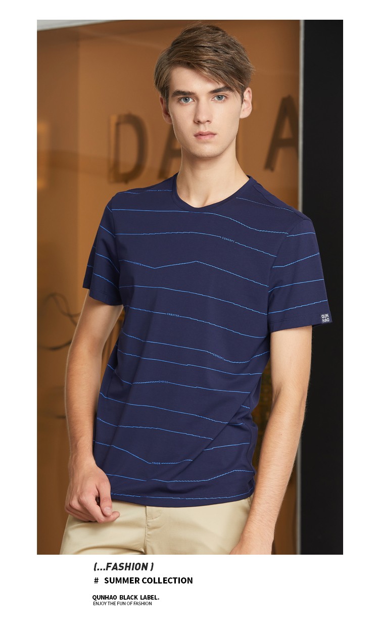 群豪男装春夏新品t恤圆领印花体恤男士条纹短袖打底衫休闲宝蓝50