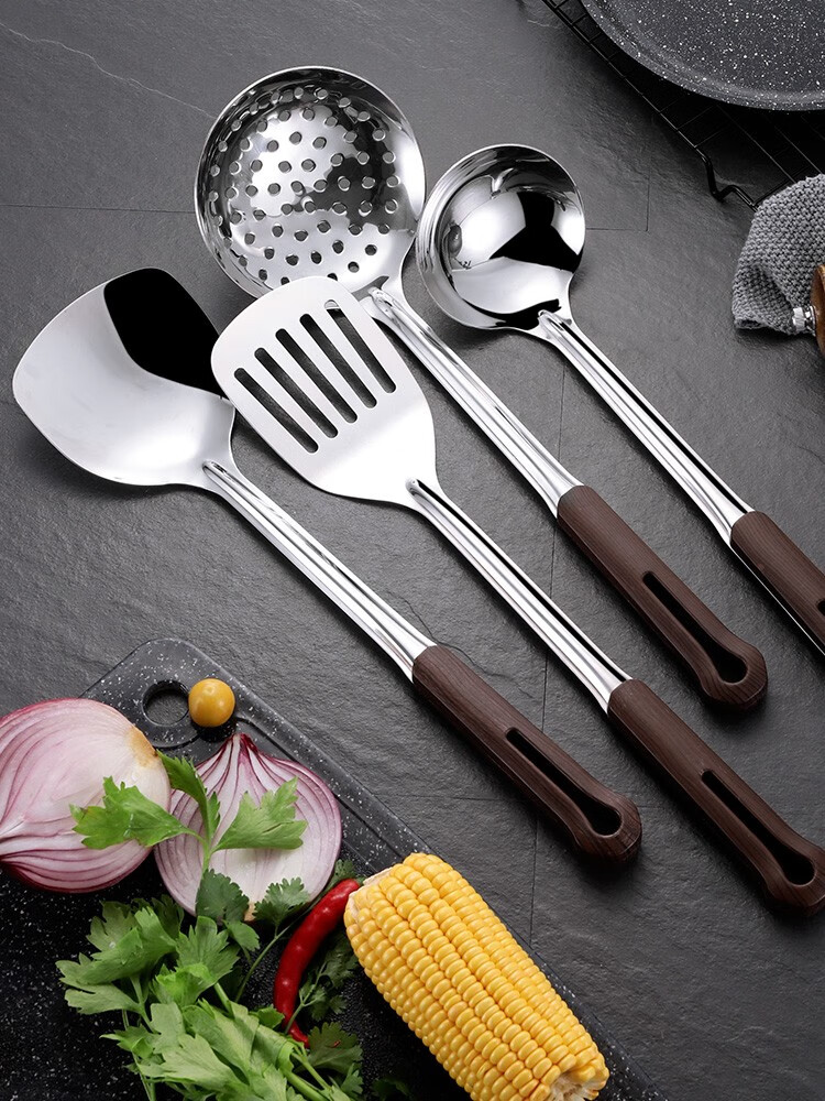 厨具全套家用勺炒菜铲子厨房铲勺漏勺汤勺 加厚四件套 4角支架(煎铲