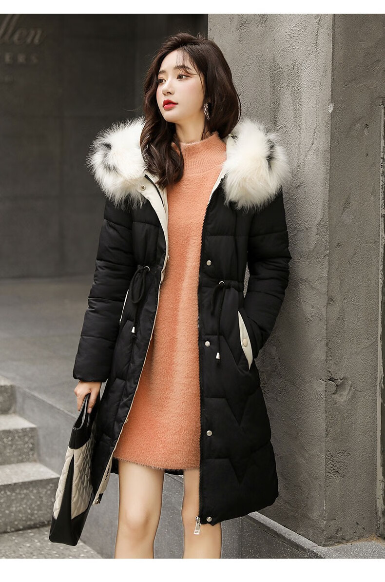 优资缘2019冬季新品大毛领连帽棉服女中长款加厚保暖韩版收腰显瘦时尚