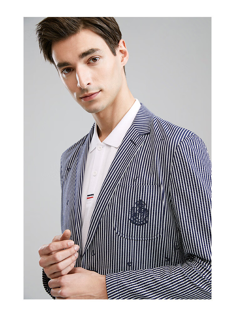 梵思诺versino 2020春夏新款经典条纹商务休闲西装外套男 蓝色 m