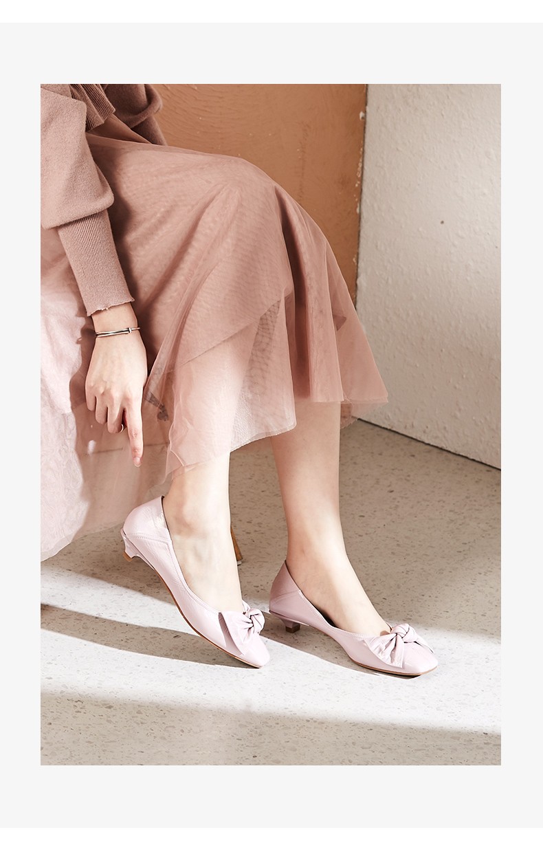 20春季新款方头低跟单鞋时尚蝴蝶结轻软舒适简约百搭通勤浅口女鞋