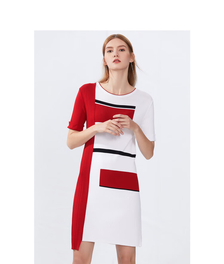 朗姿lancy 高端线俪雅夏季宽松连衣裙百搭撞色针织连衣裙 粉色 m