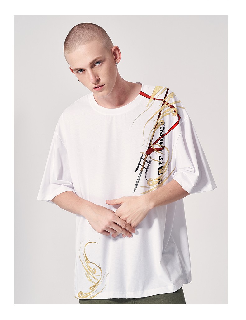 木村三社新品原创设计红莲の梦系列吕布印花图案中国风溜肩五分袖宽松