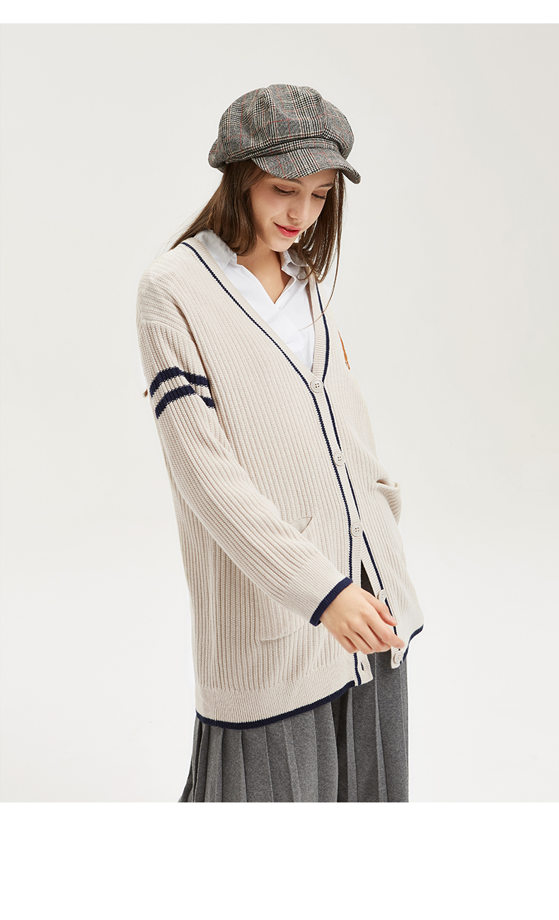 a21以纯女装秋冬毛衣 时髦撞色宽松v领长袖中长单层毛织开衫外套