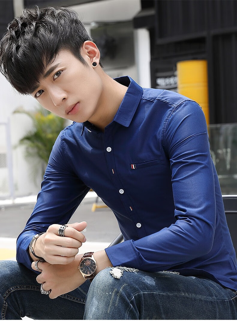 玛萨春洛秋季新款衬衫男长袖学生韩版修身潮流衬衣男长袖青年休闲寸衣