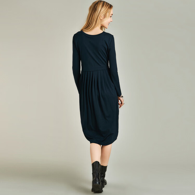 havva 纬编混纺tucker塔克褶长袖连衣裙子2020春装长裙女装 蓝色 xl