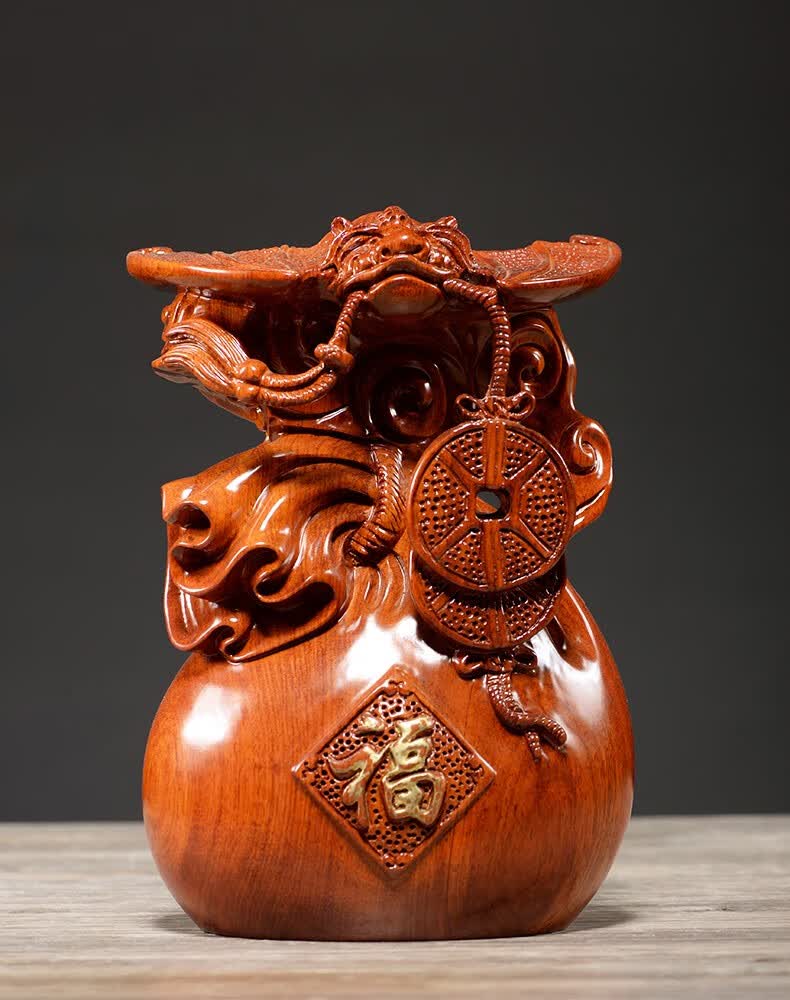 曹堂花梨木雕福袋蝙蝠摆件实木寓意送福纳福家居装饰品红木雕刻工艺品