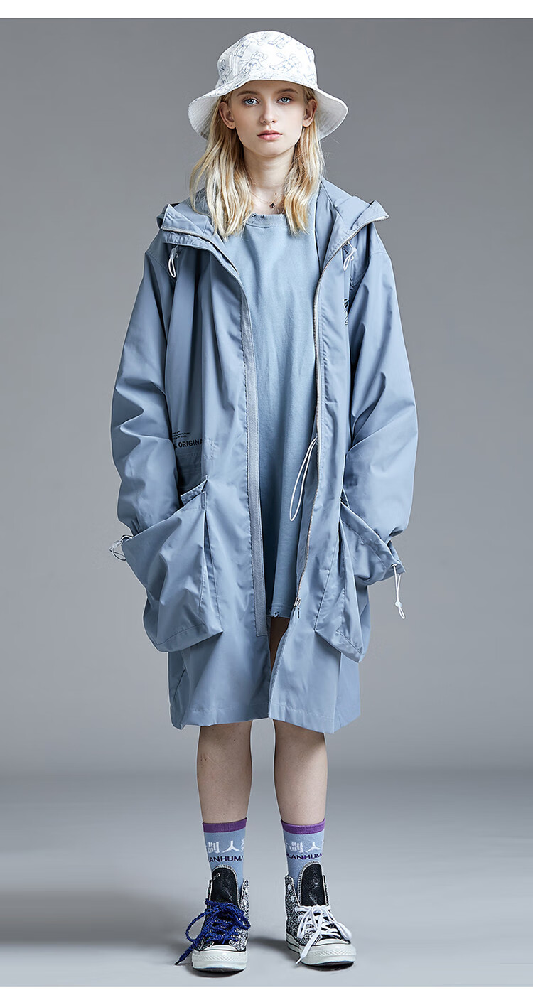 古由卡guuka 潮牌连帽风衣女中长款情侣印花运动防风衣外套女 雾蓝 m