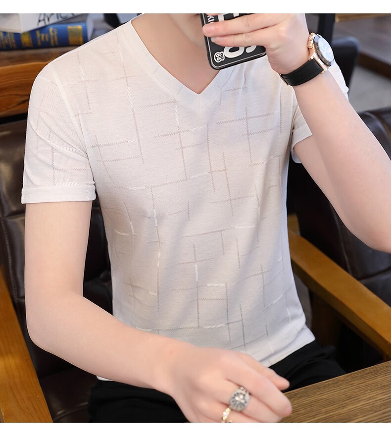 慈良男士冰丝短袖t恤2020新款韩版修身半袖打底衫潮流夏季v领体恤上