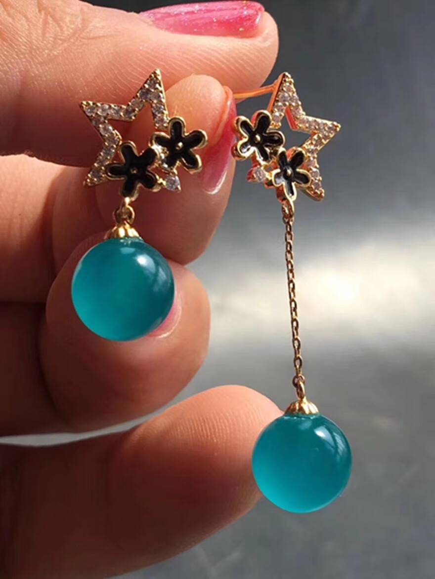 诺源珠宝 天然天河石耳坠 冰种天河石圆珠耳钉925银