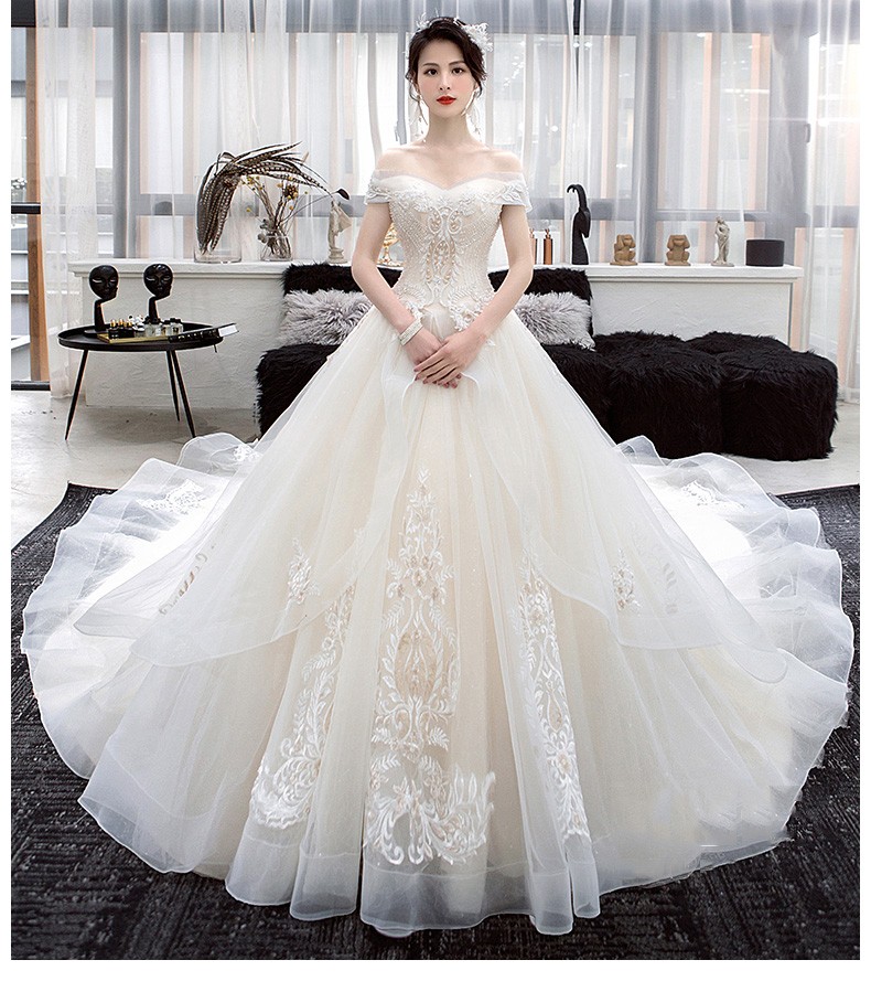 cocl一字肩婚纱洋气法式2019新款法式轻女礼服新娘拖尾奢华齐地森系