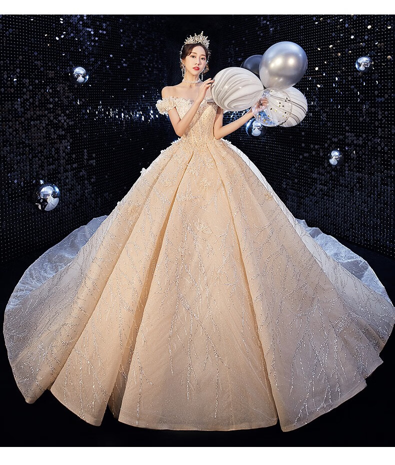 主婚纱2019新款赫本风女神新娘小个子一字肩奢华大拖尾香槟色森系礼服