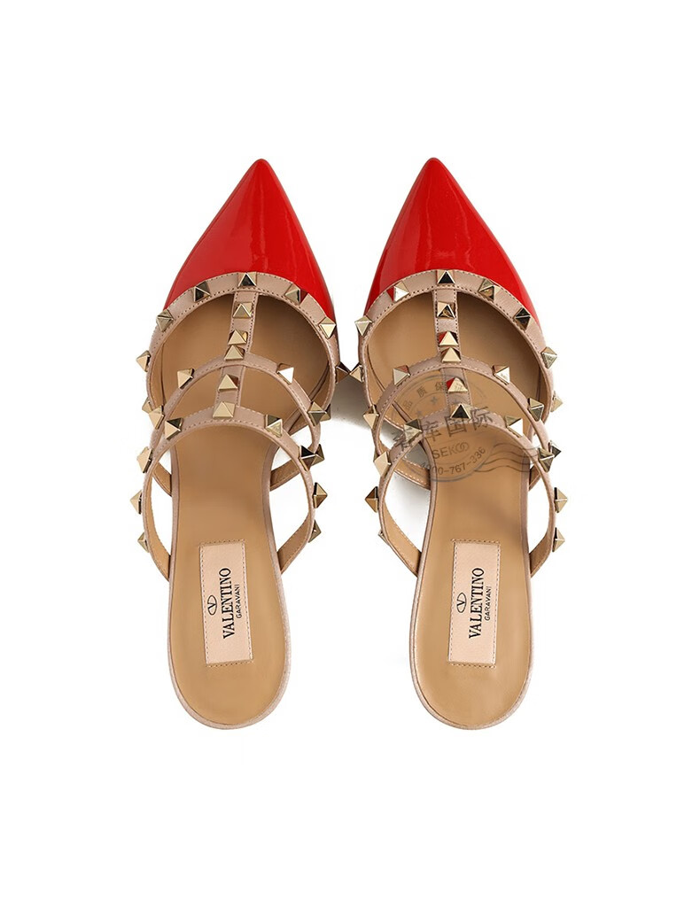 valentino华伦天奴女鞋漆皮铆钉高跟半拖鞋 卡其色tw2s0v23 vnw p45