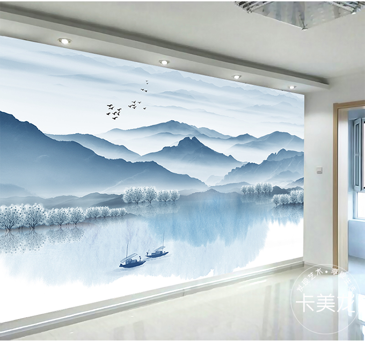 卡美龙 电视背景墙壁画新中式意境山水画8d水晶立体壁纸现代客厅装饰