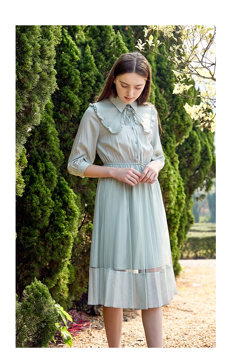 朵以2020秋装新款甜美娃娃领显瘦收腰连衣裙中长款女35dc841006绿百合