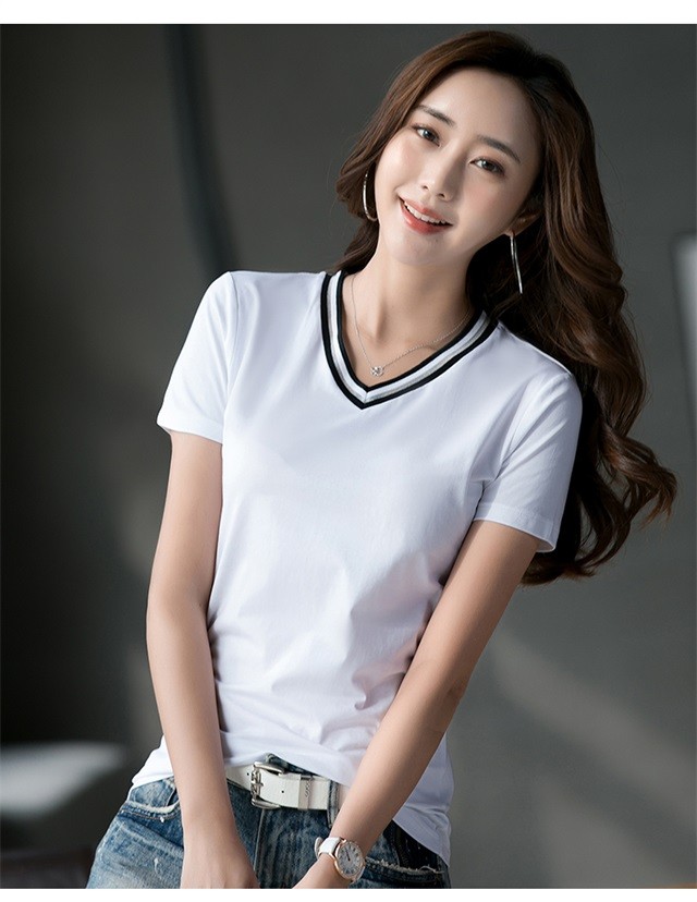 温束v字领纯棉短袖t桖女2020学生夏天新款小领口撞色拼接白体t恤女士