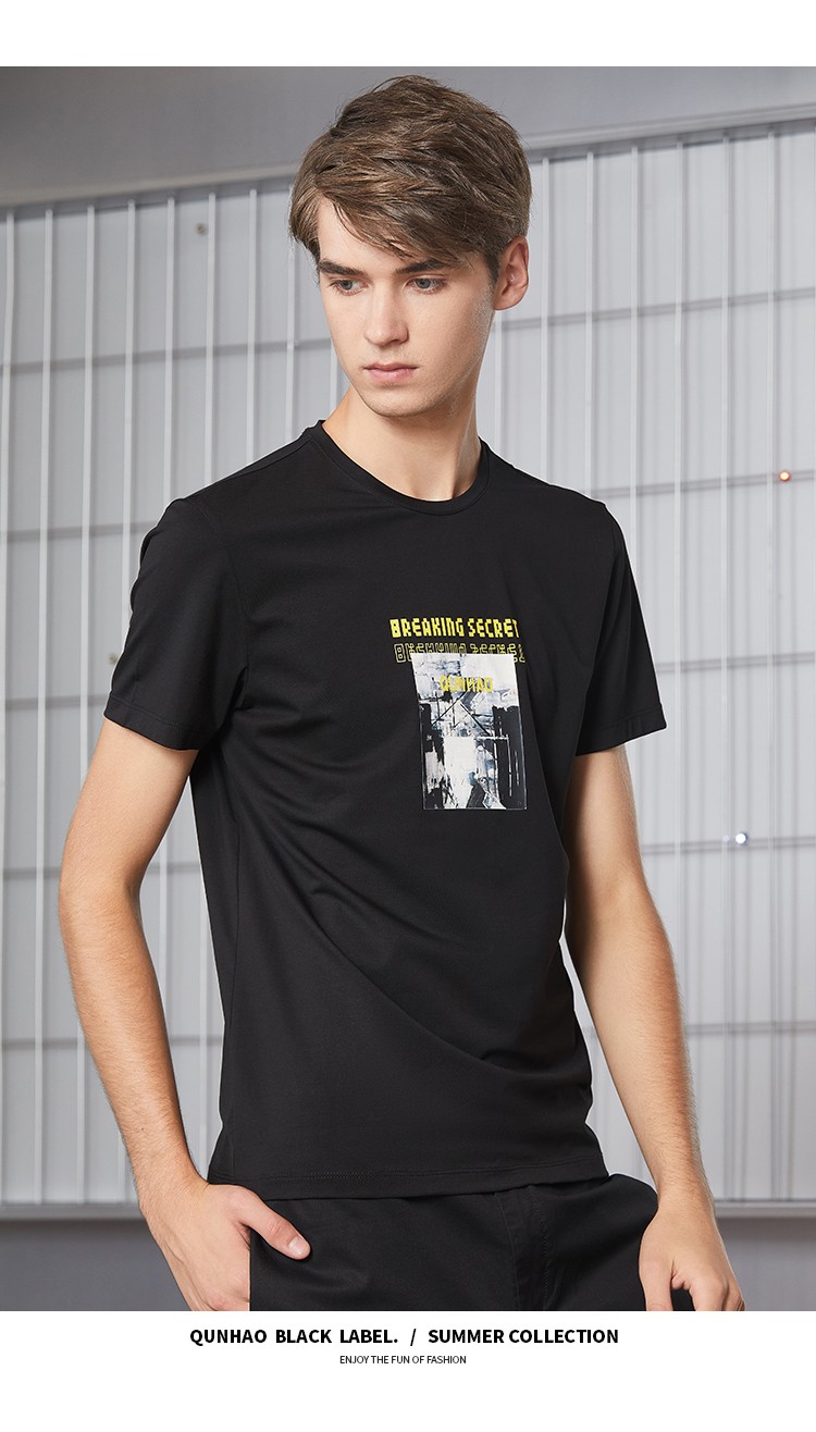 群豪男装2020春夏新品t恤圆领印花体恤男士短袖打底衫休闲服百搭 黑色