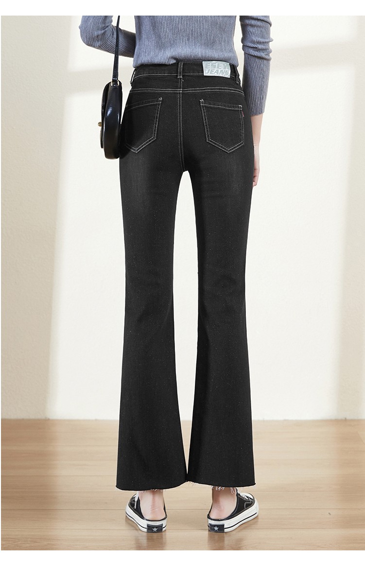 逸阳牛仔微喇裤女2020春季新款女士黑色高腰九分喇叭裤子女4135 黑色