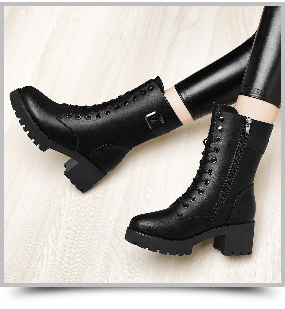 高中桶皮面女式马丁靴韩版加绒圆头粗根女装高跟鞋冬季新品通勤ol学生