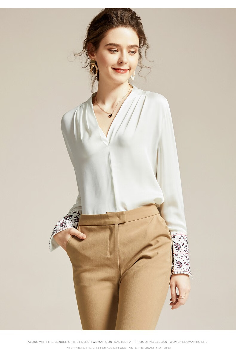 蓝绚丽缎面重磅23姆米真丝衬衫女v字领长袖复古刺绣镂空花宽松桑蚕丝