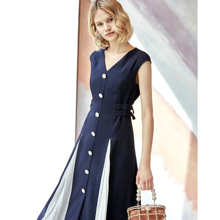 伊华欧秀evaouxiu 秋装新款v领无袖珍珠扣简约ol风连衣裙 藏蓝色 s
