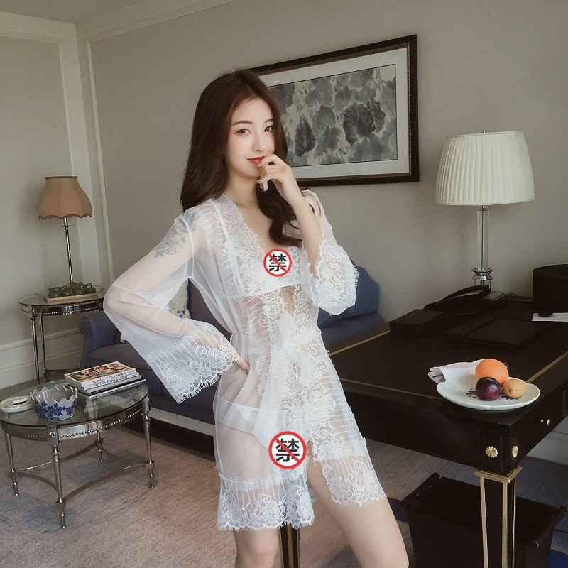 私尚 女式情趣内衣开襟透明网纱性感浴袍 蕾丝睡衣睡裙诱惑睡袍套装