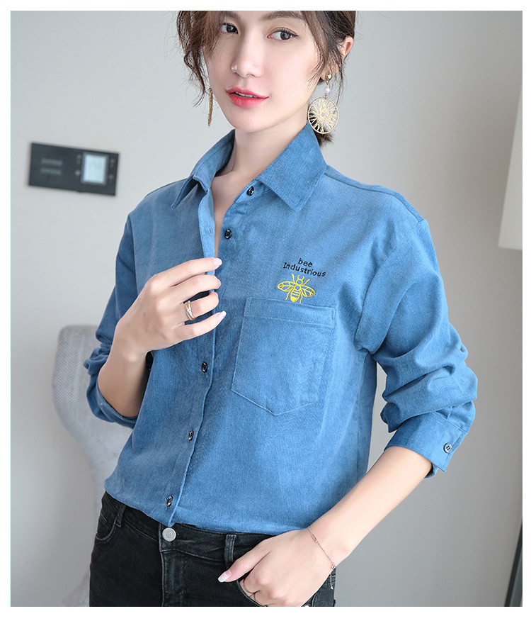 德玛纳 秋冬新品小蜜蜂灯芯绒女式衬衫百搭女式上衣通勤优雅女式衬衣