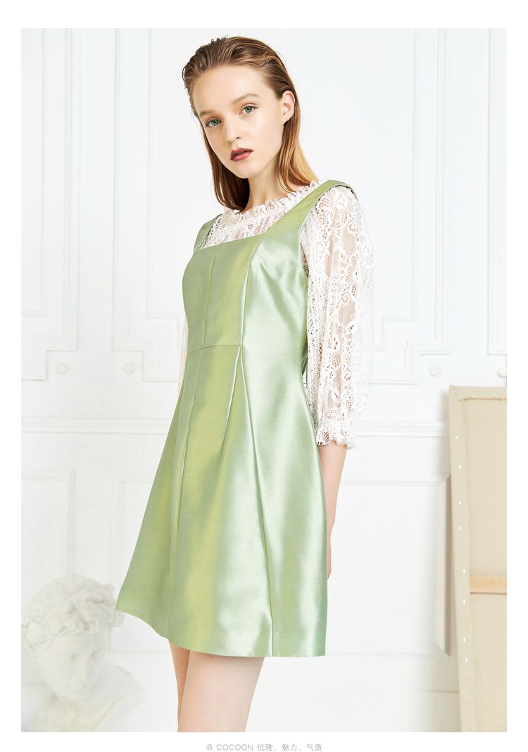 可可尼cocooncocoon女装气质显瘦蕾丝上衣连衣裙两件套芥末绿16084as