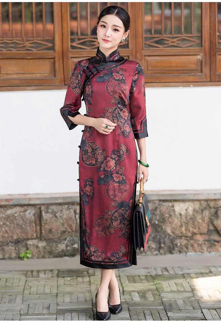 长袖旗袍长款新款气质中式复古老上海优雅淑女祺袍秋冬新款 靛蓝色