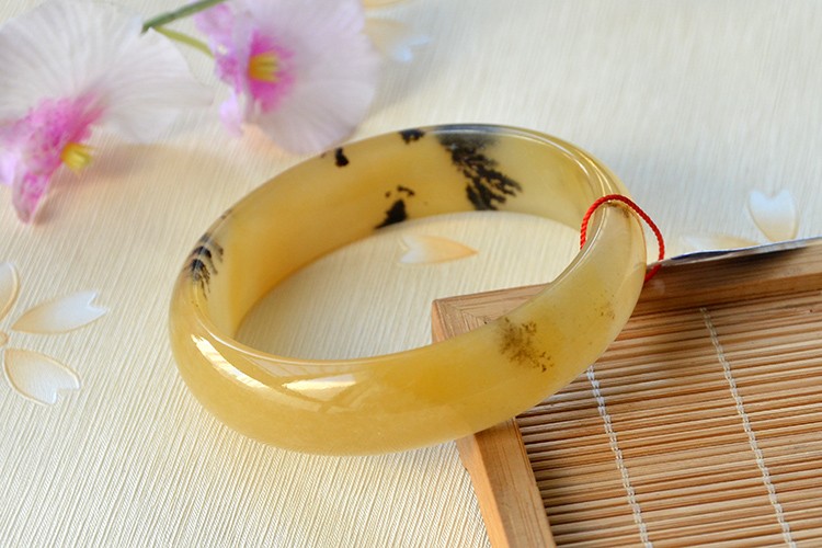 新疆天然金丝玉手镯/黄色宝石光/草花玉手镯子/含冰晶/61【图片 价格