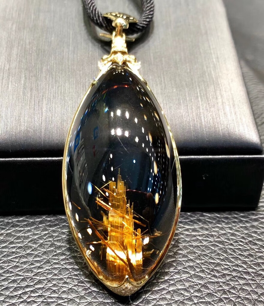 俊辰珠宝天然钛晶吊坠珍品18k金镶嵌钛晶金发晶水滴吊坠