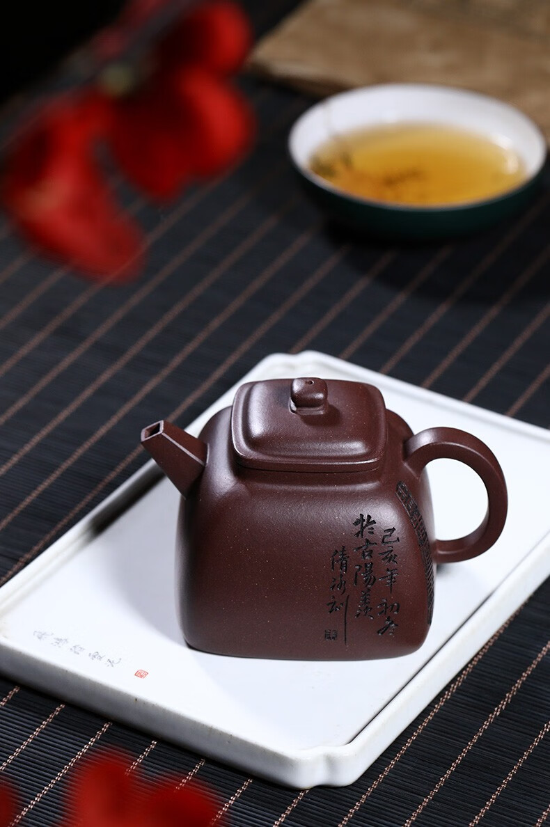 月壶茗清宜兴紫砂壶国助工朱倩冰纯手工四方壶收藏级刻绘茶壶四方坦然