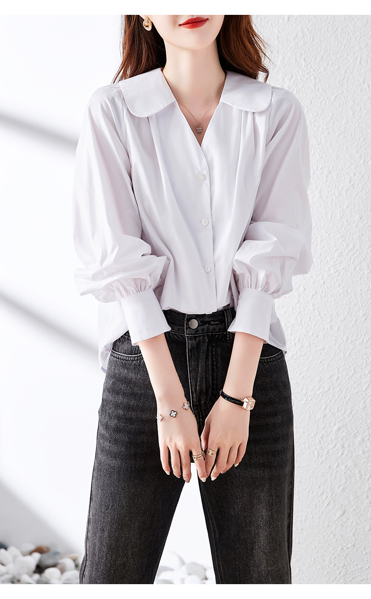 德玛纳2021新款纯色气质v领小翻领衬衫女白色l