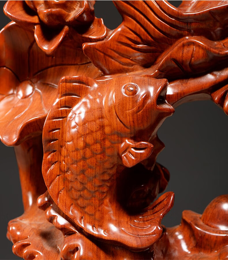 曹堂花梨木雕年年有余鱼摆件风水实木雕刻工艺品连年有余家居礼品花梨