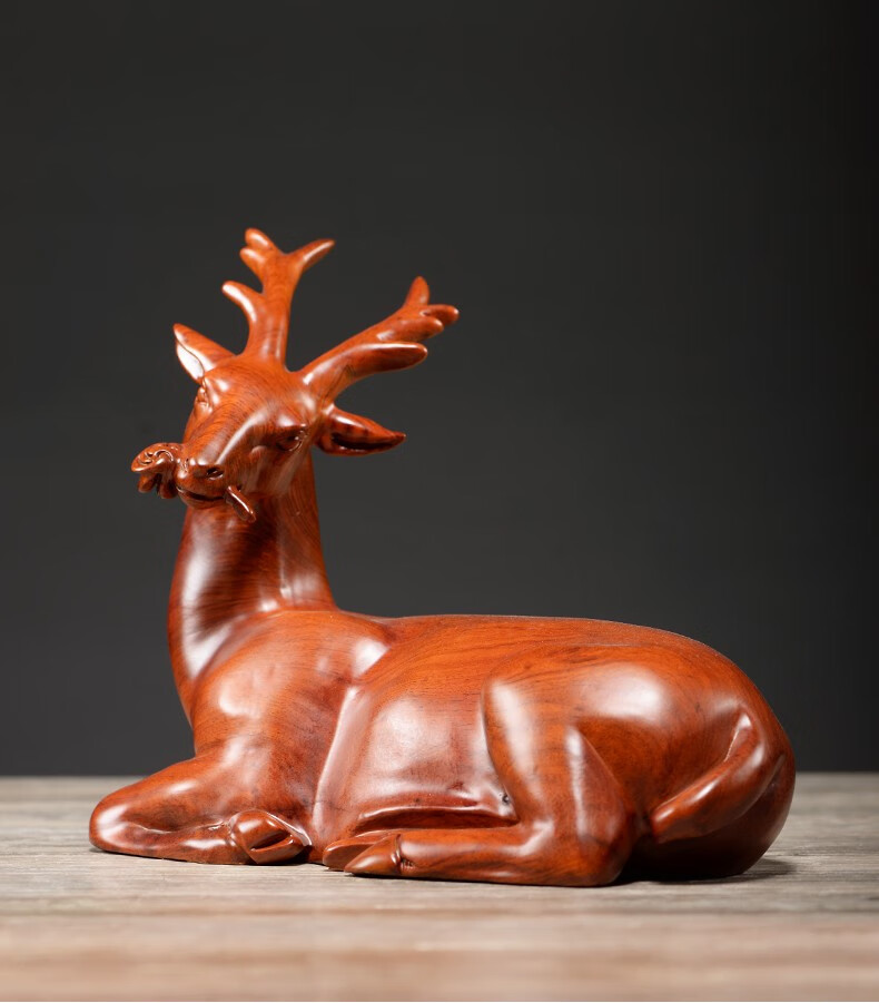 曹堂花梨木雕发财鹿摆件家居饰品客厅装饰实木雕刻鹿摆件红木礼品