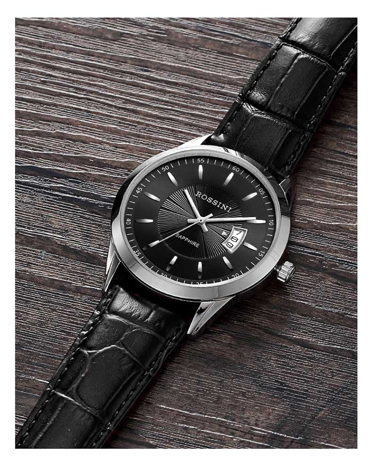 rossini)手表 石英男表商务休闲防水日期男士手表 黑盘皮带514631w04b
