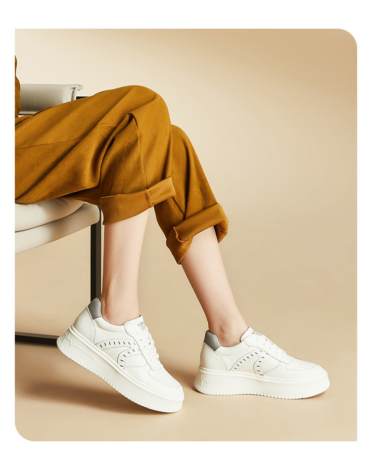 康奈kangnai头层牛皮春新款撞色百搭女休闲鞋松糕鞋女板鞋系带单鞋