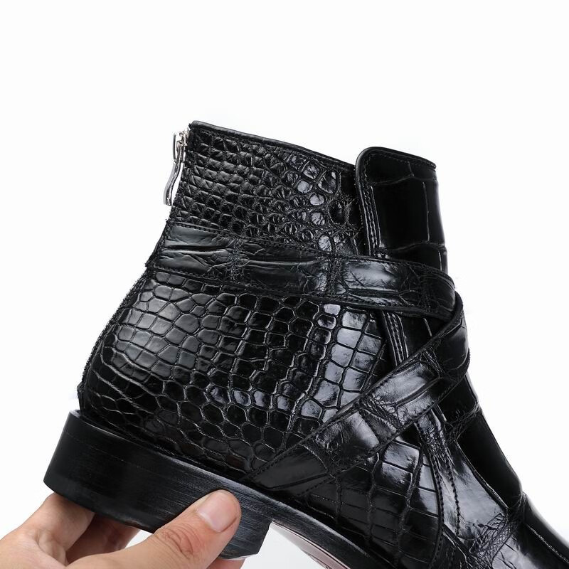 武哲龙进口鳄鱼皮男靴手工皮靴子秋冬短靴牛皮内里可加保暖羊毛固特异