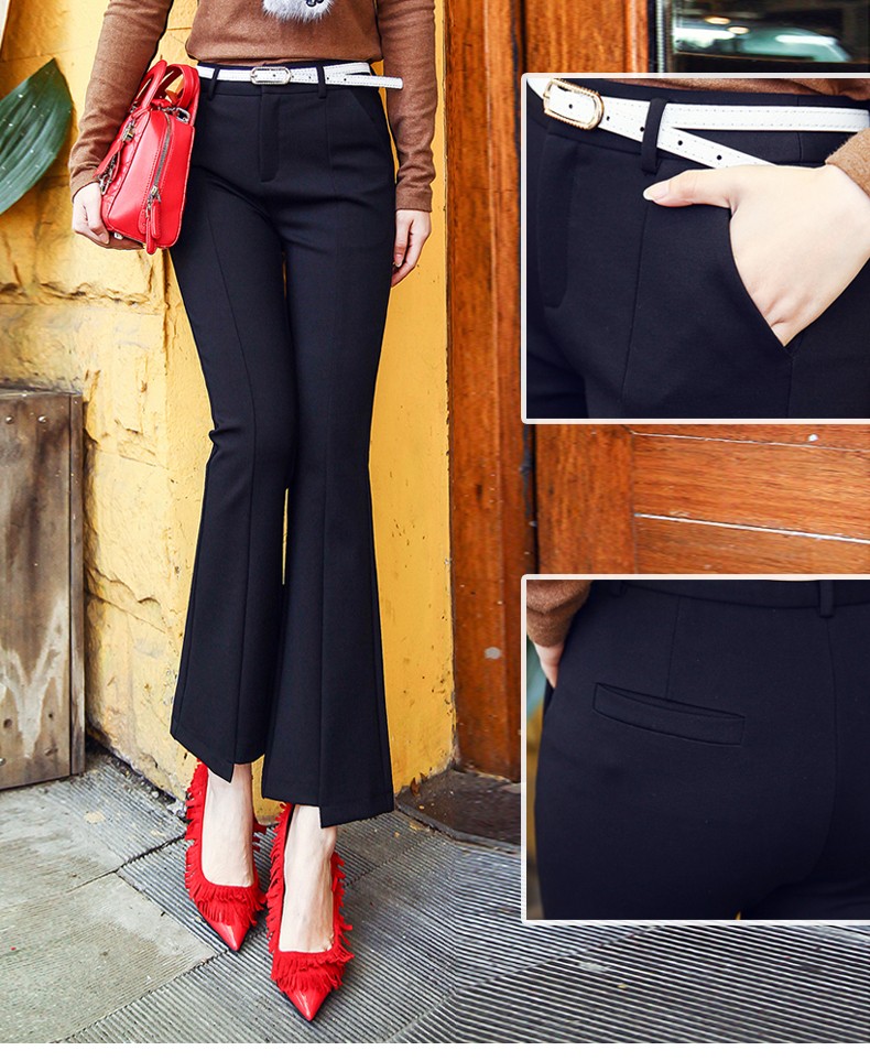 馨索微喇裤女九分裤学生韩版高腰鱼尾裤开叉时尚微喇休闲裤女黑色有