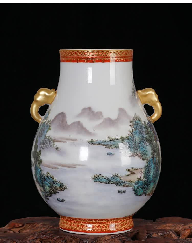 周胜堂景德镇陶瓷花瓶工艺品摆件精品仿古手绘通景山水双耳福筒瓷瓶