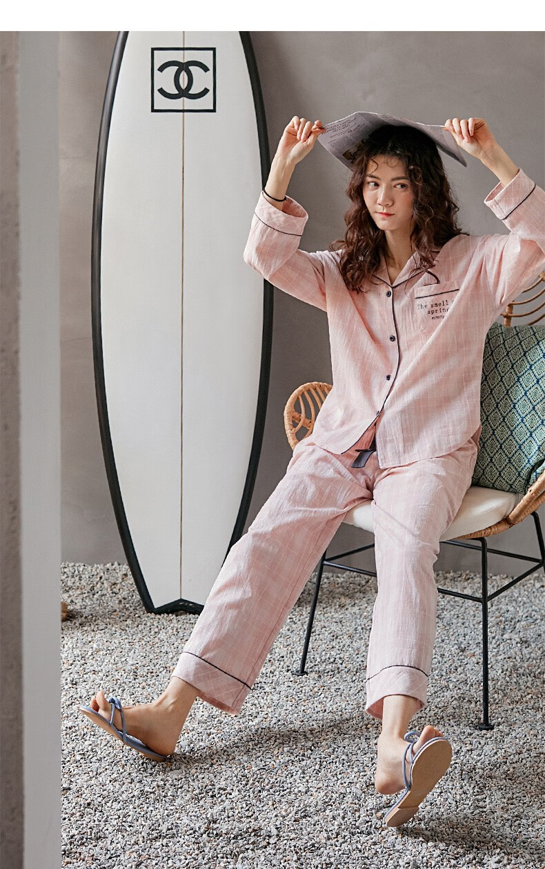 长袖开衫薄款休闲格子翻领春季家居服套 粉色格子 l【图片 价格 品牌