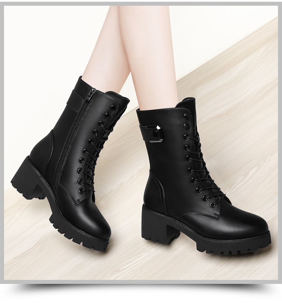 高中桶皮面女式马丁靴韩版加绒圆头粗根女装高跟鞋冬季新品通勤ol学生
