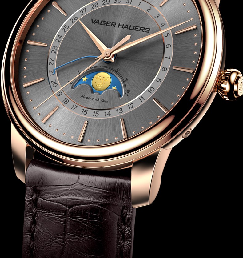 维杰豪兹原创手表男机械表全自动月相四针同轴日历真皮带防水男表精钢