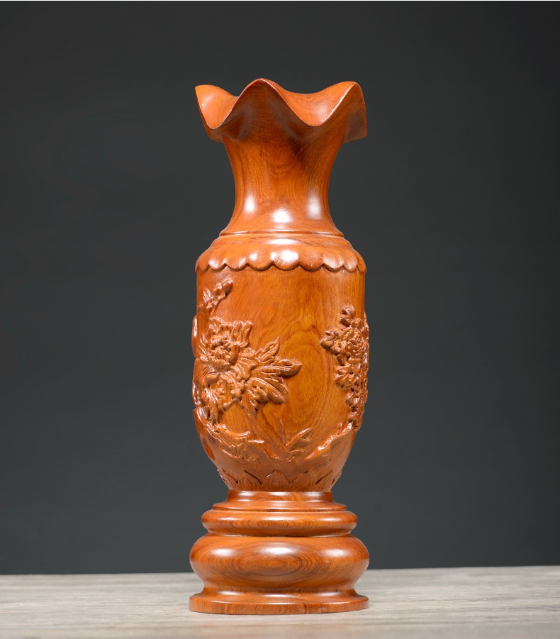 实木家居装饰品客厅插花中式大号红木雕刻工艺品花梨木花瓶单个高40cm