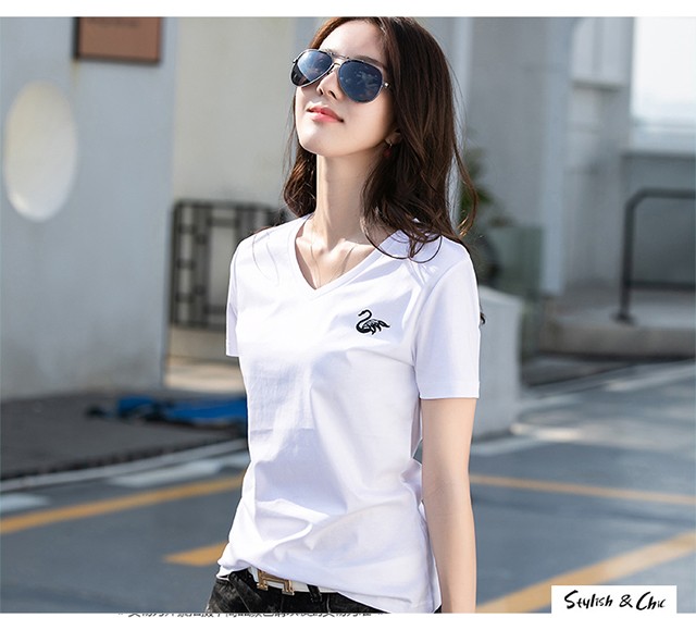 棉修身体桖衫简约刺绣小图案热天衣服女休身百搭薄款汗衫v领白色4xl