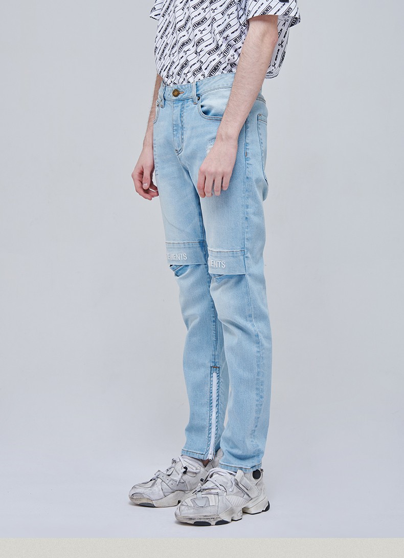 vetements牛仔裤 男款春夏新品休闲街拍时尚百搭耐磨破洞修身拉链浅蓝