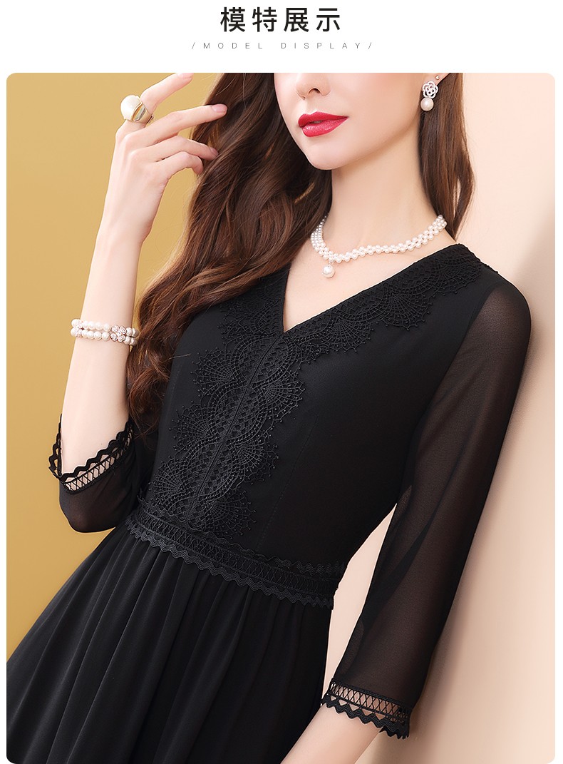 珂贝雅蕾丝裙2020夏季新品蕾丝雪纺连衣裙女v领五分袖流行裙子 黑色