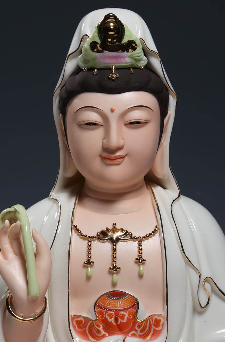 微美陶瓷12至16吋坐全莲笑脸观音佛像供奉家用观世音菩萨摆件彩绘彩绘